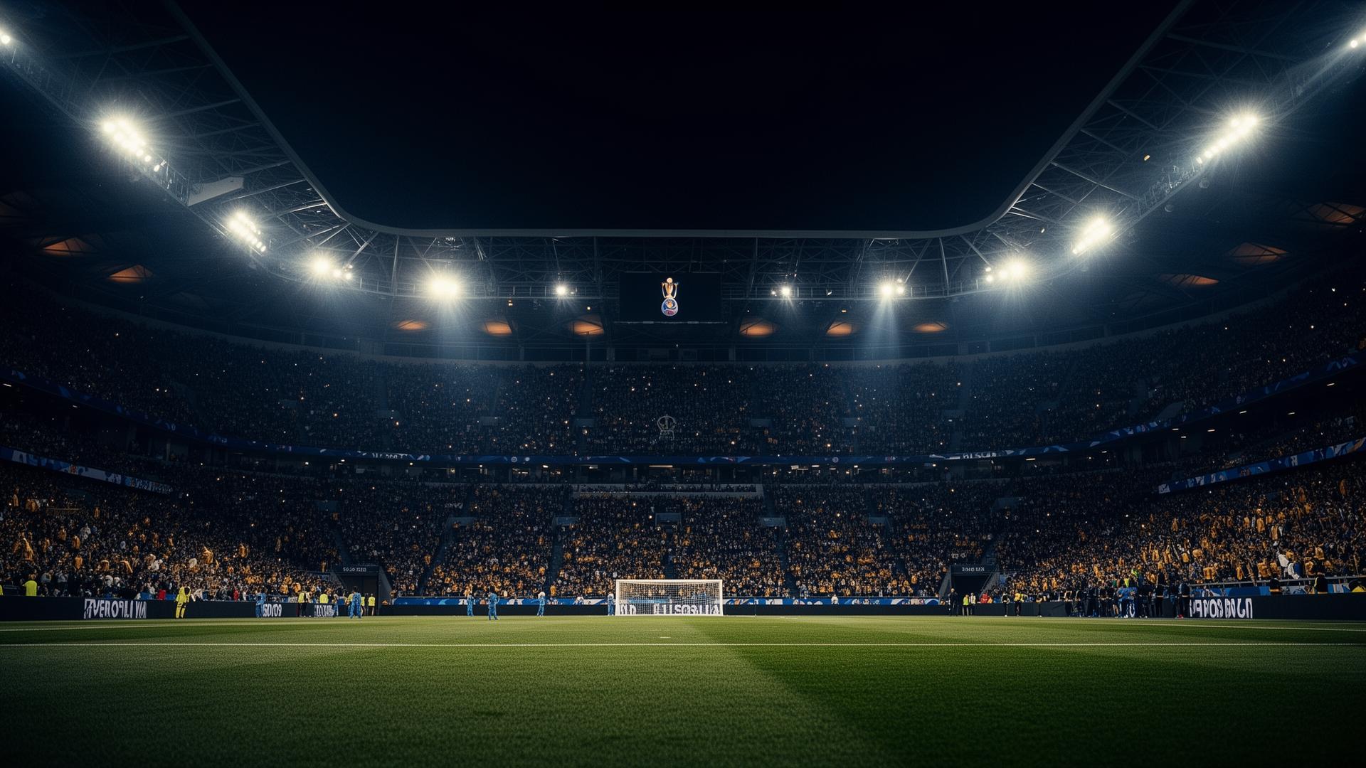 Packed soccer stadium at night during a major tournament